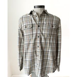 prAna Plaid Button Down Shirt Mens Large Slim Fit Neutral Cream Outdoor Hiking